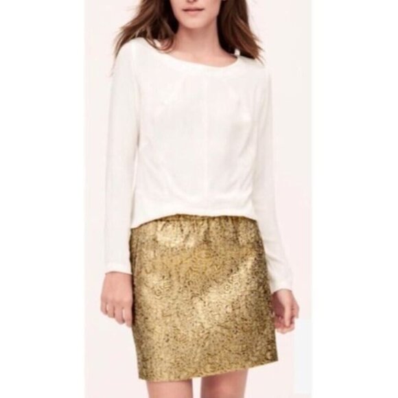 LOFT Skirt Womens Large Gold Metallic Jacquard Mini Elastic Waist Pockets Boho - Picture 1 of 9